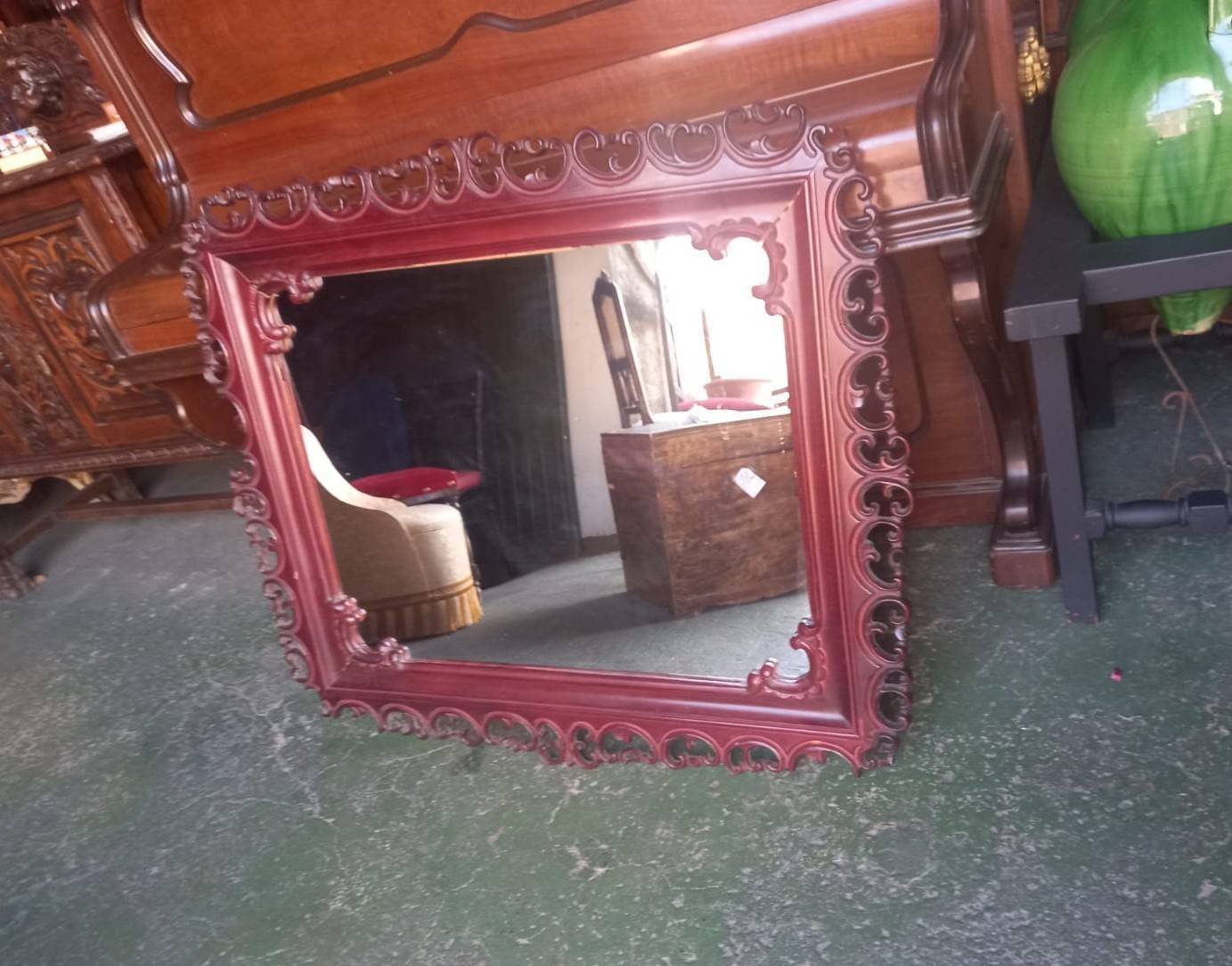 Espejo de madera torneado de haya antiguo 2